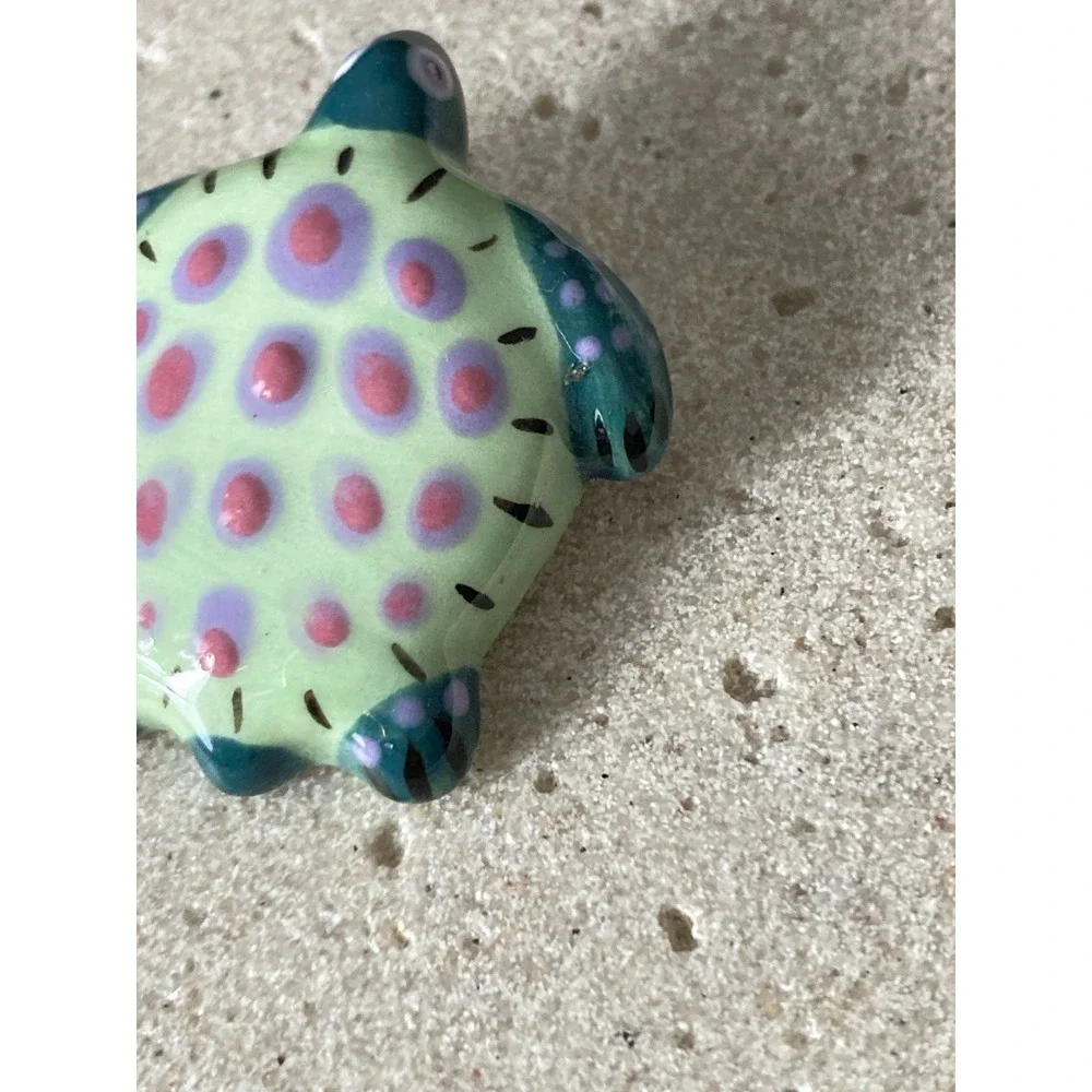 Hand Painted Sea Turtle Brooch Ceramic Green‎ Pink Purple Animal Beachy Coastal